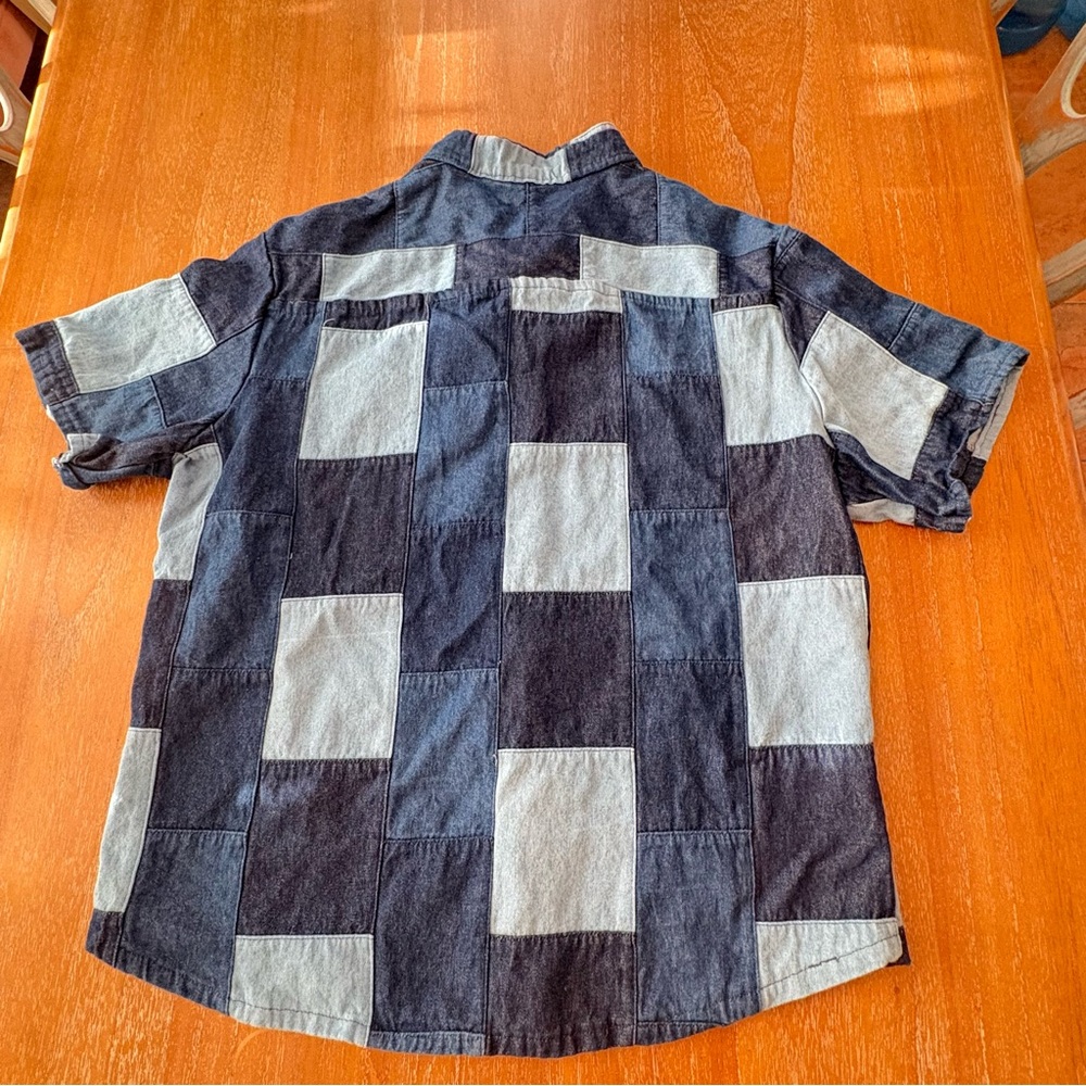 Patchwork Short Sleeve Two-Tone Denim Button-Up S… - image 2